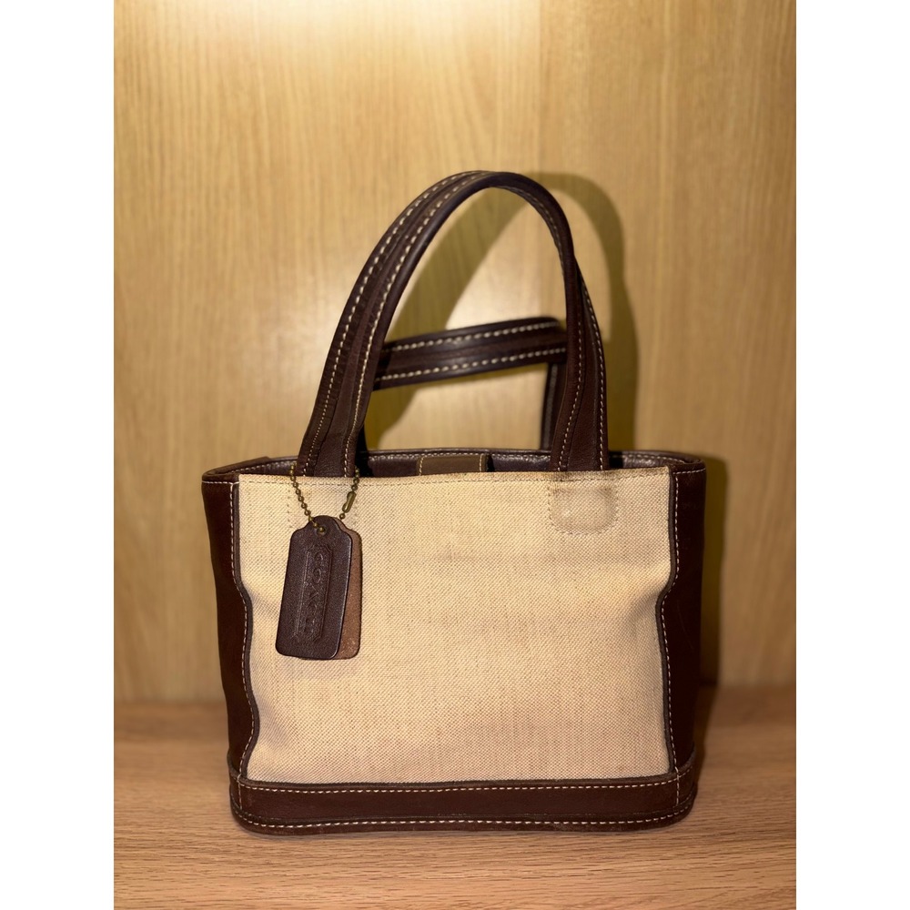 Coach Small Canvas Leather Tote Bag Cream Brown Contrast Stitch Handbag - Picture 3 of 9